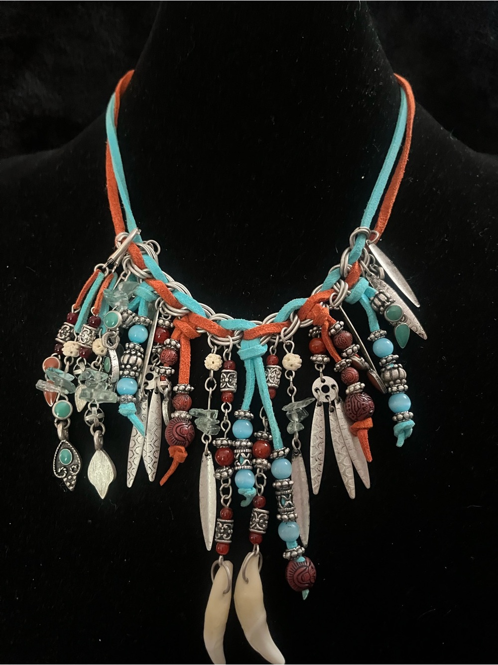 One of a kind Boho Turquoise & Rust Multi-Charm Statement Necklace